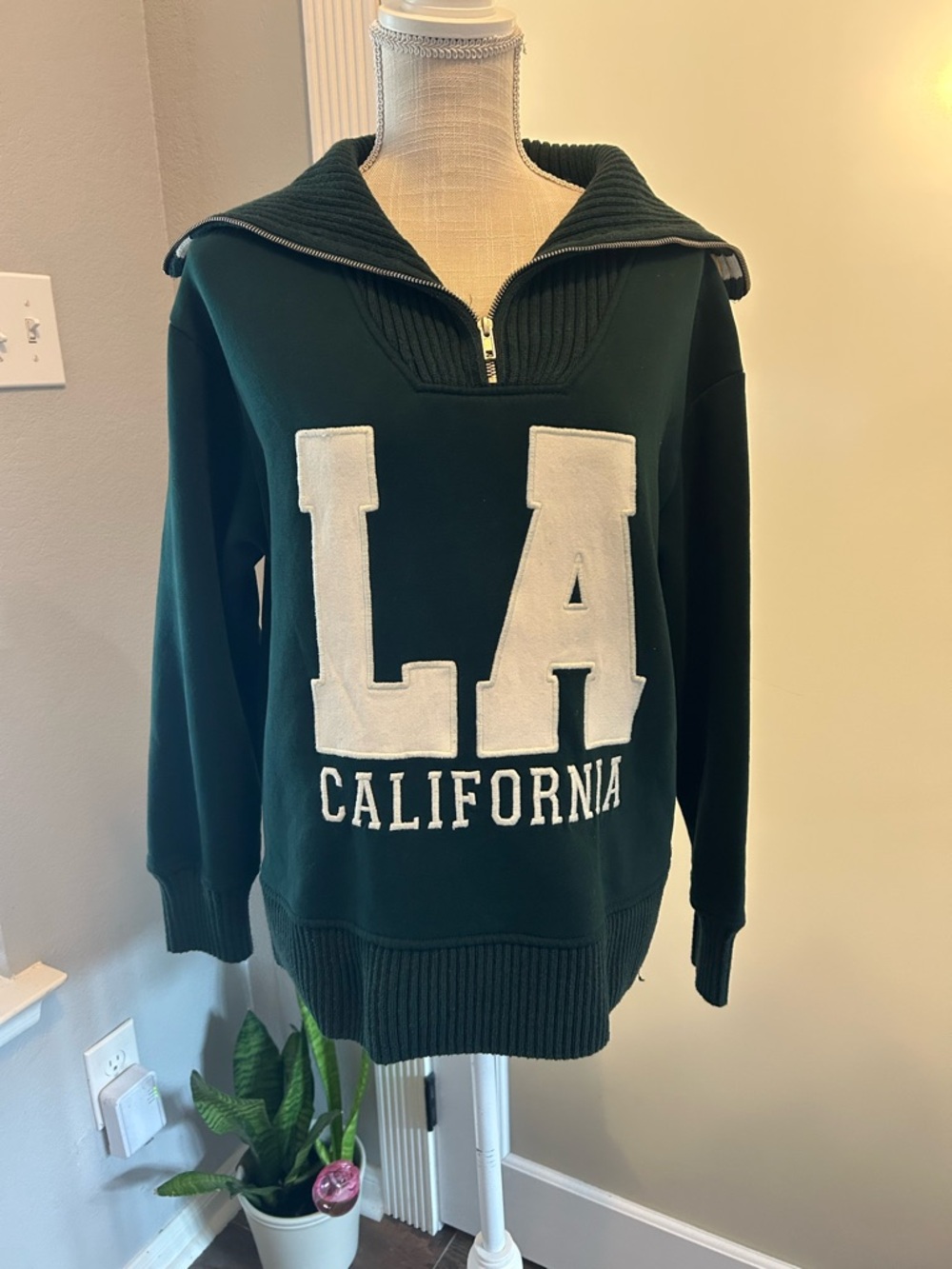 Zara Dark Green Zip Collar Sweater with Cream LA Appliqué oversized